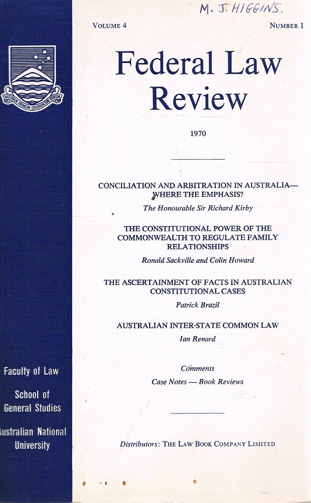 Federal Law Review. Volume 4, Number 1, 1970 Cuncliffe I. G Marlowes Books